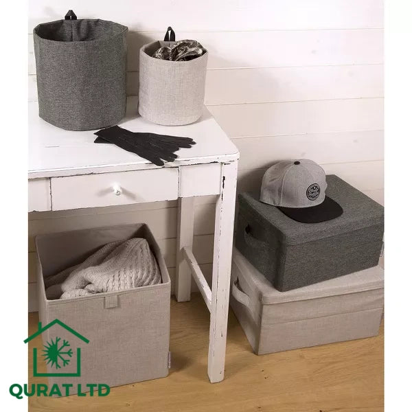 Bigso Soft Foldable Cube Storage Box – Multi-Purpose Organizer for Closets & Shelves – Beige/Grey